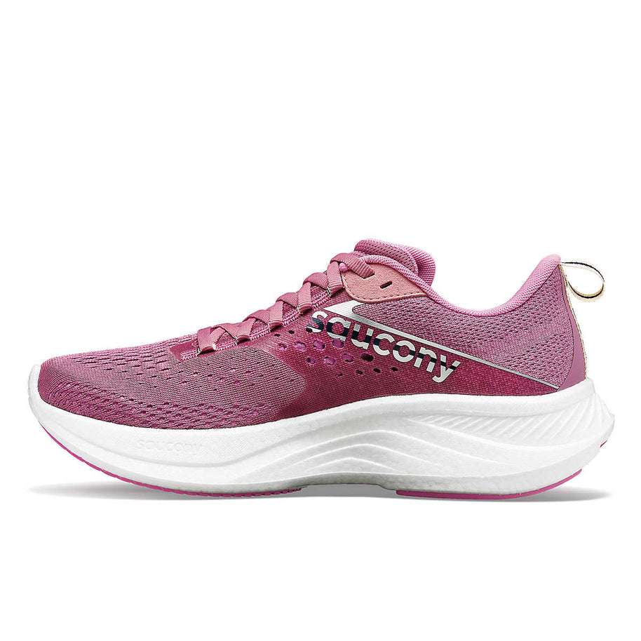 Ride 17 - Women by Saucony in pink and white with advanced PWRRUN+ foam cushioning, lightweight road running shoe for comfort and daily runs