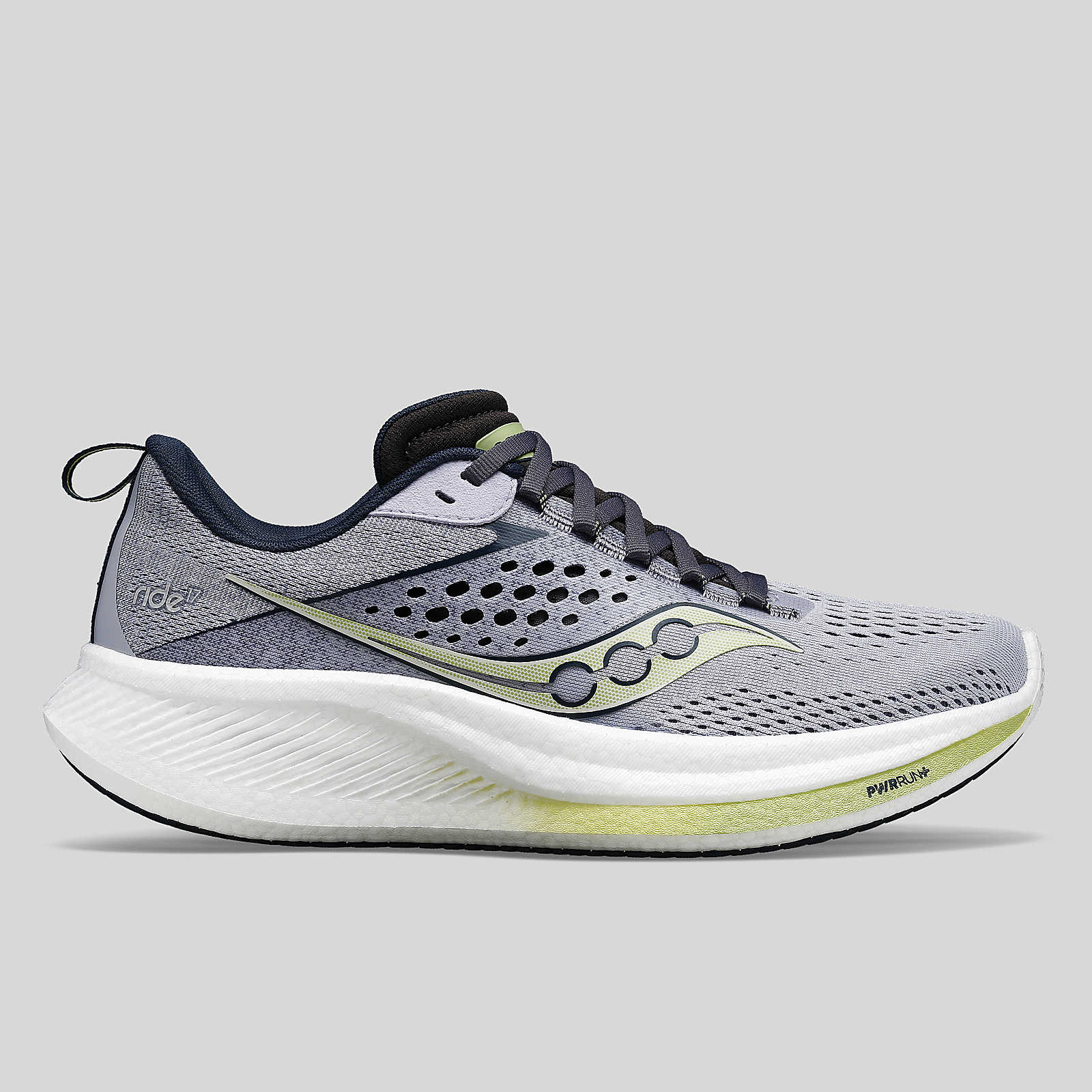 Ride 17 - Women by Saucony in grey and lime with PWRRUN+ foam cushioning, lightweight road running shoe for comfort and performance