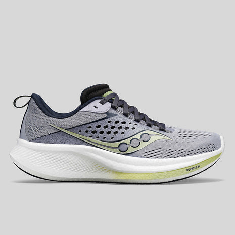 Ride 17 - Women by Saucony in grey and lime with PWRRUN+ foam cushioning, lightweight road running shoe for comfort and performance