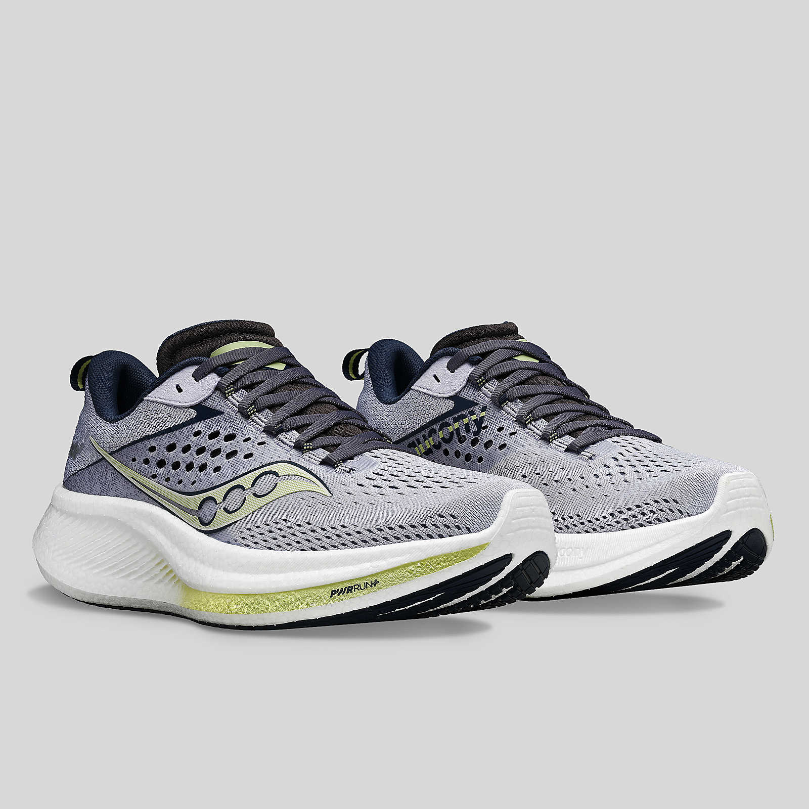 Ride 17 - Women by Saucony in grey and black with PWRRUN+ foam cushioning, lightweight road running shoes for comfort and daily use