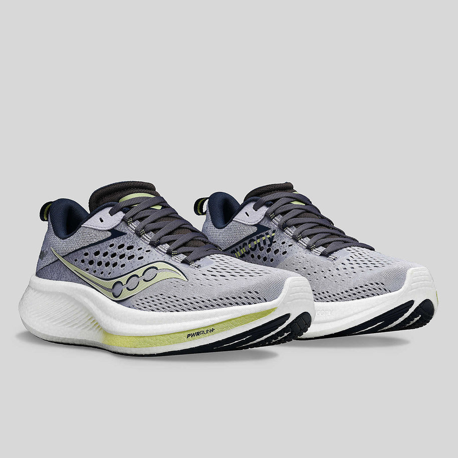 Ride 17 - Women by Saucony in grey and black with PWRRUN+ foam cushioning, lightweight road running shoes for comfort and daily use