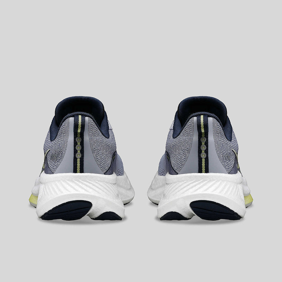Ride 17 - Women by Saucony in grey and white with advanced PWRRUN+ foam cushioning, comfortable road running shoes for everyday use