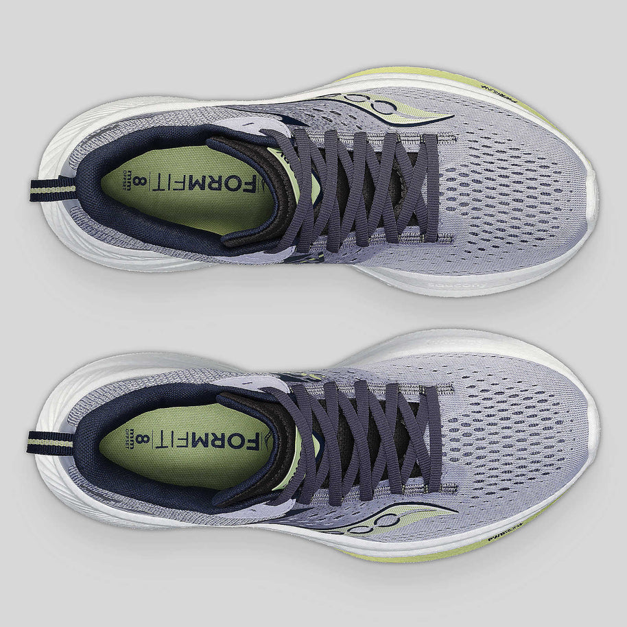 Ride 17 - Women by Saucony in grey and navy, cushioned running shoes with PWRRUN+ foam for comfort-first performance on road runs