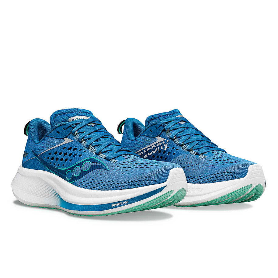 Ride 17 - Women by Saucony in blue and white, cushioned road running shoes with PWRRUN+ foam for comfort and daily runs