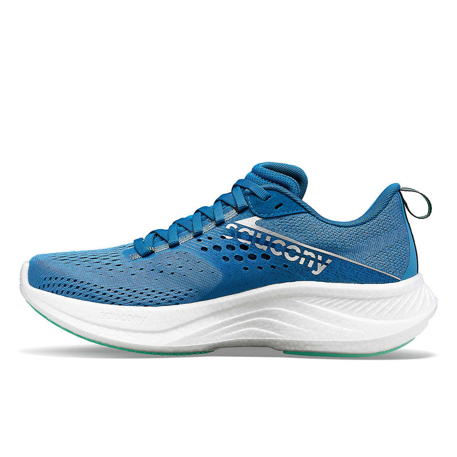 Ride 17 - Women by Saucony in blue and white with PWRRUN+ foam cushioning, lightweight road running shoe for comfort and daily runs
