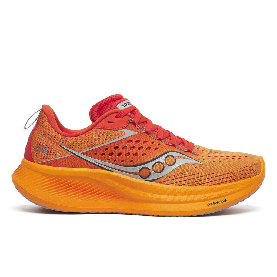 Ride 17 - Women by Saucony in orange and red with PWRRUN+ foam, cushioned road running shoe for comfort-first performance and daily runs