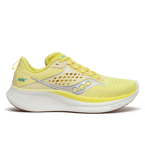 Ride 17 - Women by Saucony in yellow and white with PWRRUN+ foam cushioning, lightweight road running shoe for comfort and everyday performance