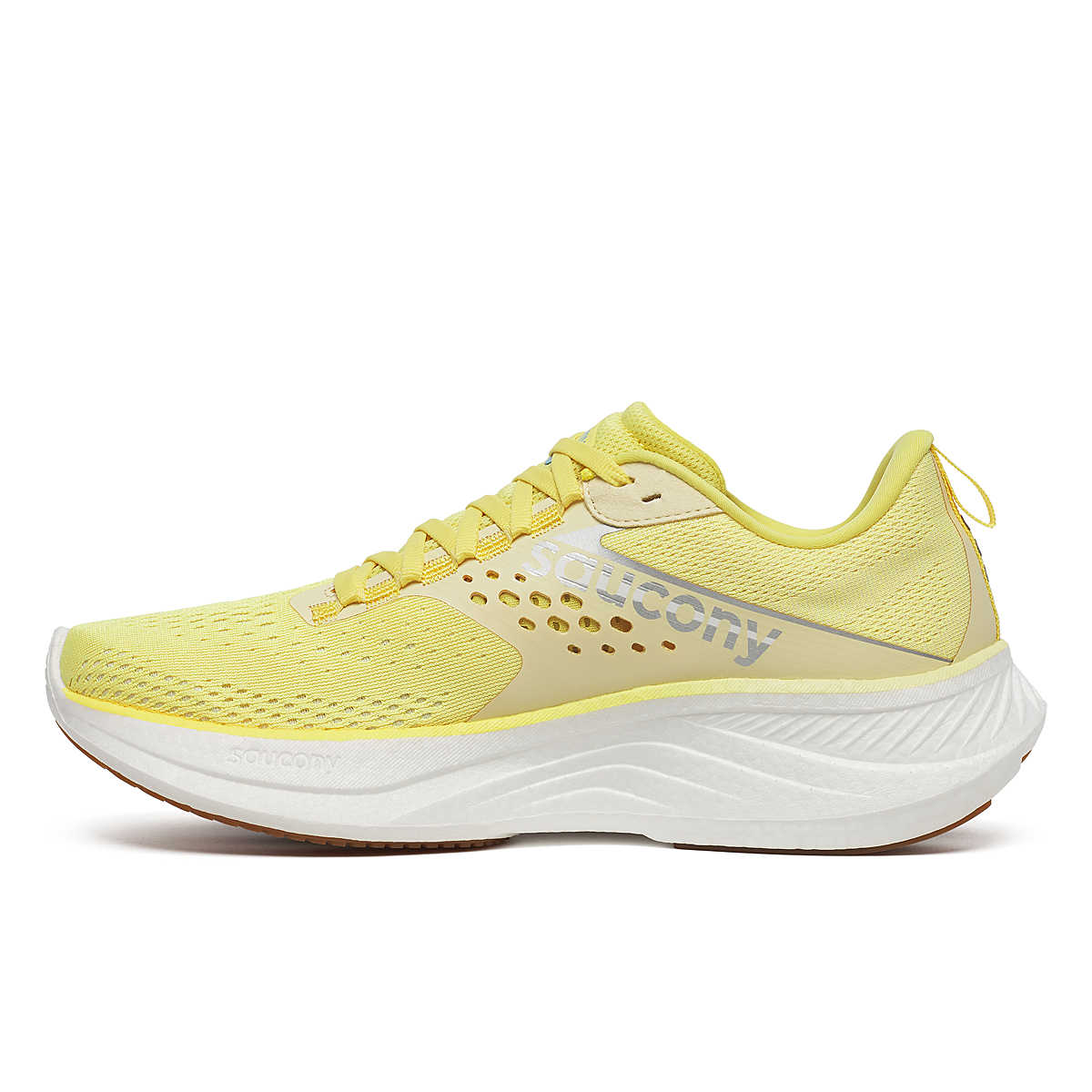 Ride 17 - Women by Saucony in yellow and white with PWRRUN+ foam cushioning, lightweight road running shoe for comfort and daily runs