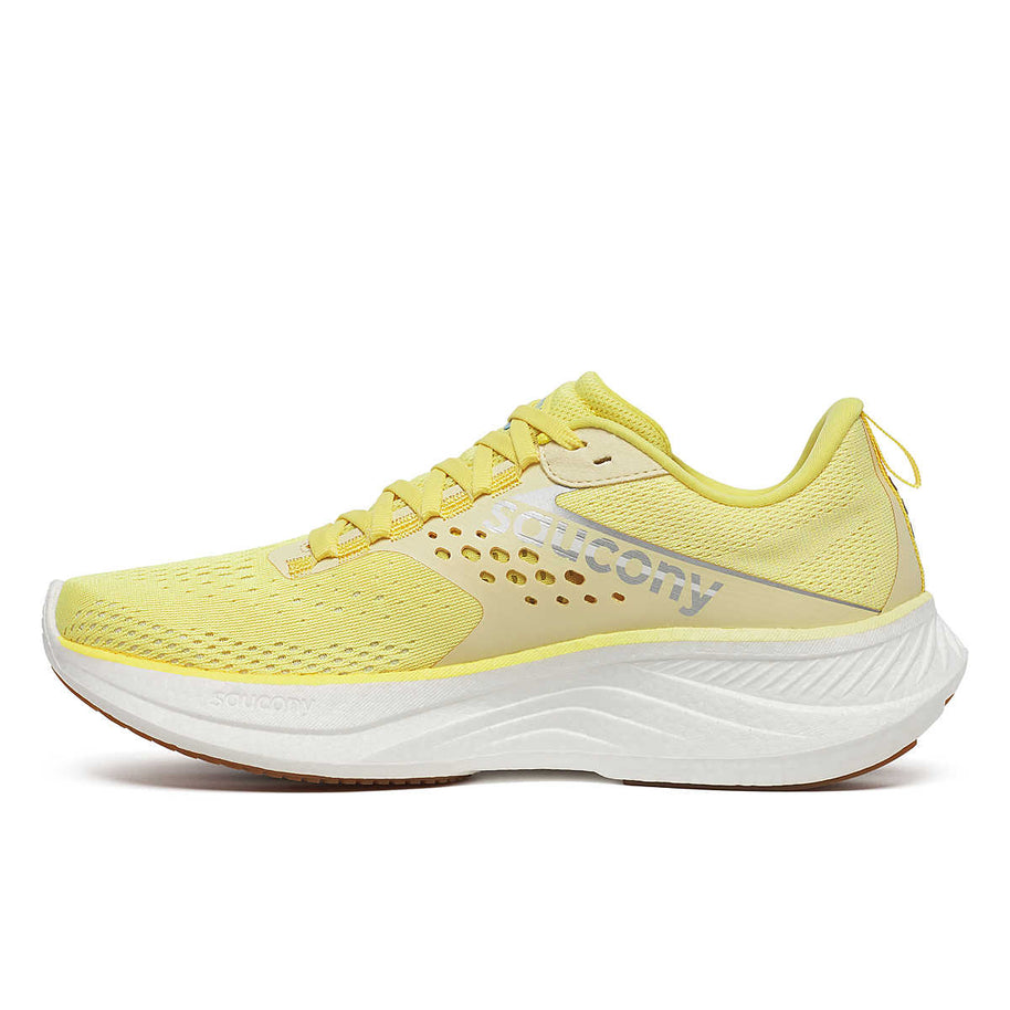 Ride 17 - Women by Saucony in yellow and white with PWRRUN+ foam cushioning, lightweight road running shoe for comfort and daily runs