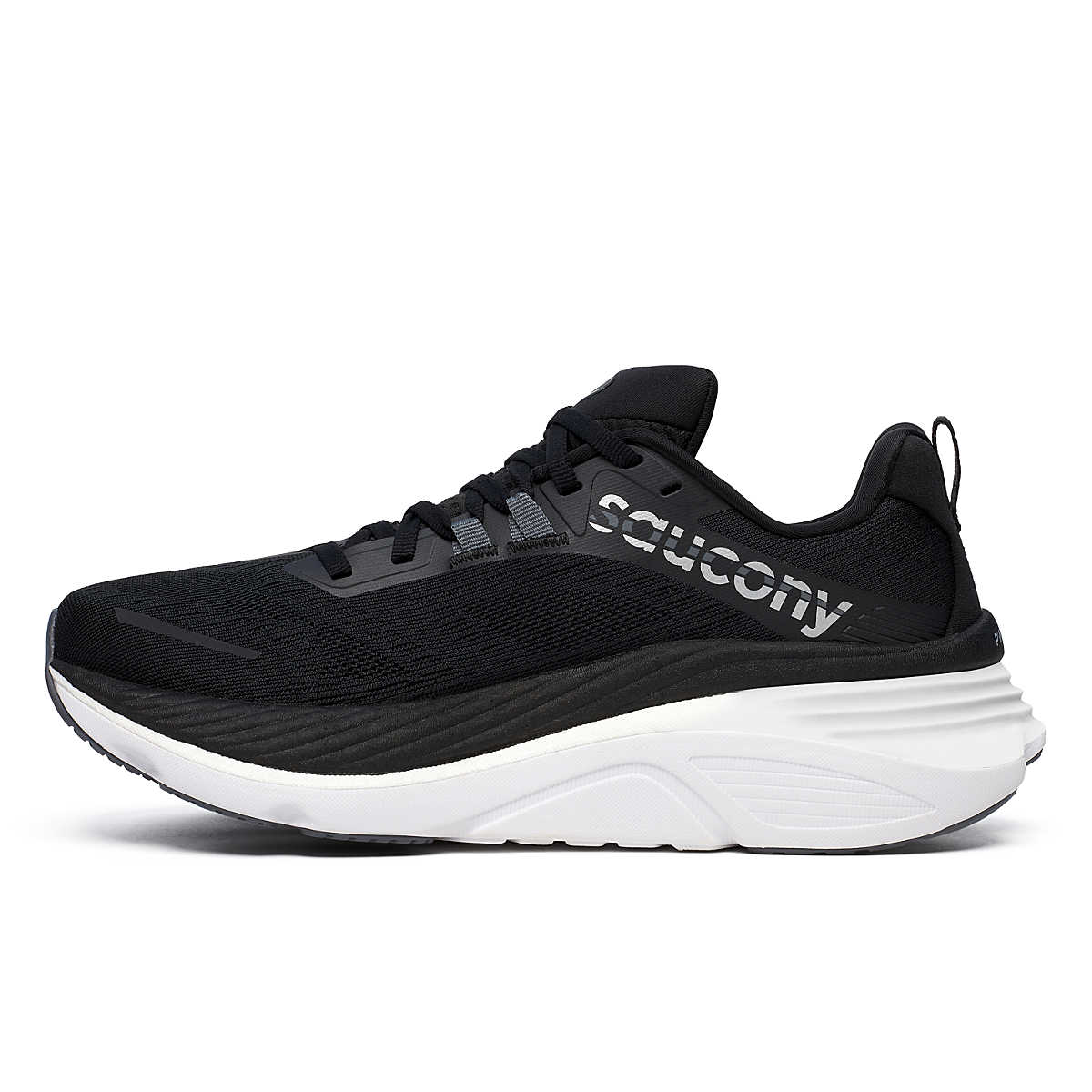 Hurricane 24 - Women by Saucony in black with white sole, dual-foam cushioned running shoe designed for maximum comfort on road runs