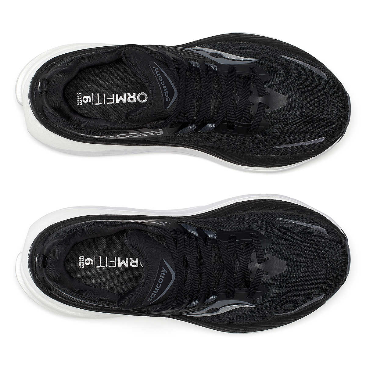 Hurricane 24 - Women by Saucony in black and white, dual-cushioned max comfort running shoe for road and USA-based runners