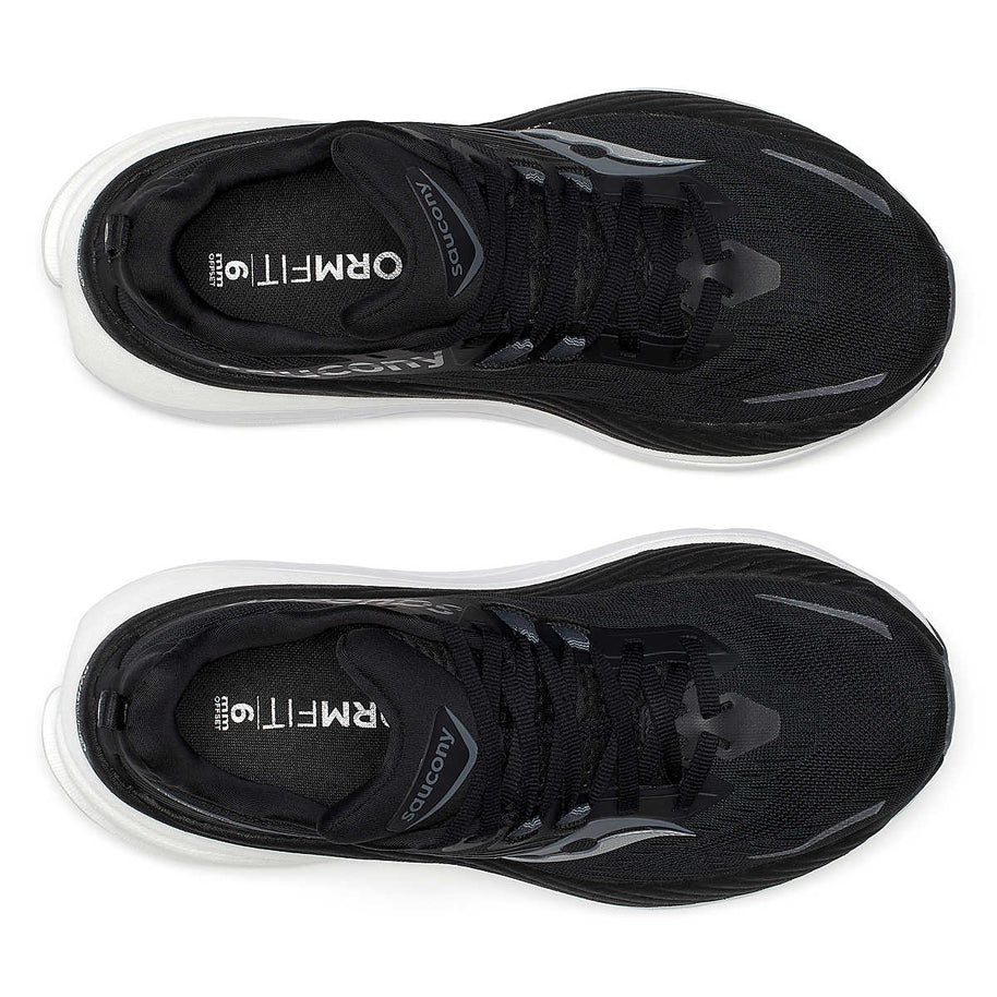 Hurricane 24 - Women by Saucony in black and white, dual-cushioned max comfort running shoe for road and USA-based runners