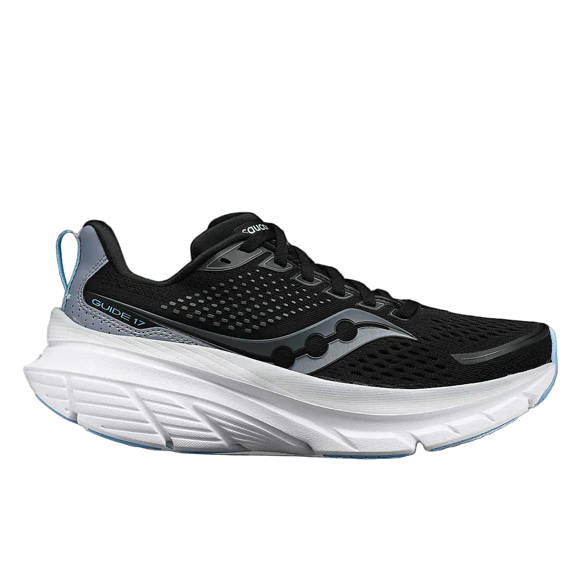 Guide 17 - Women by Saucony in black and grey with PWRRUN cushioning and CenterPath support platform for natural road running