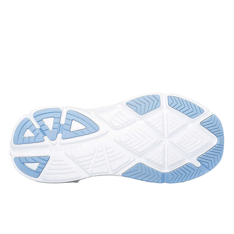 Guide 17 - Women by Saucony in white and light blue with enhanced PWRRUN cushioning and CenterPath support platform for road running