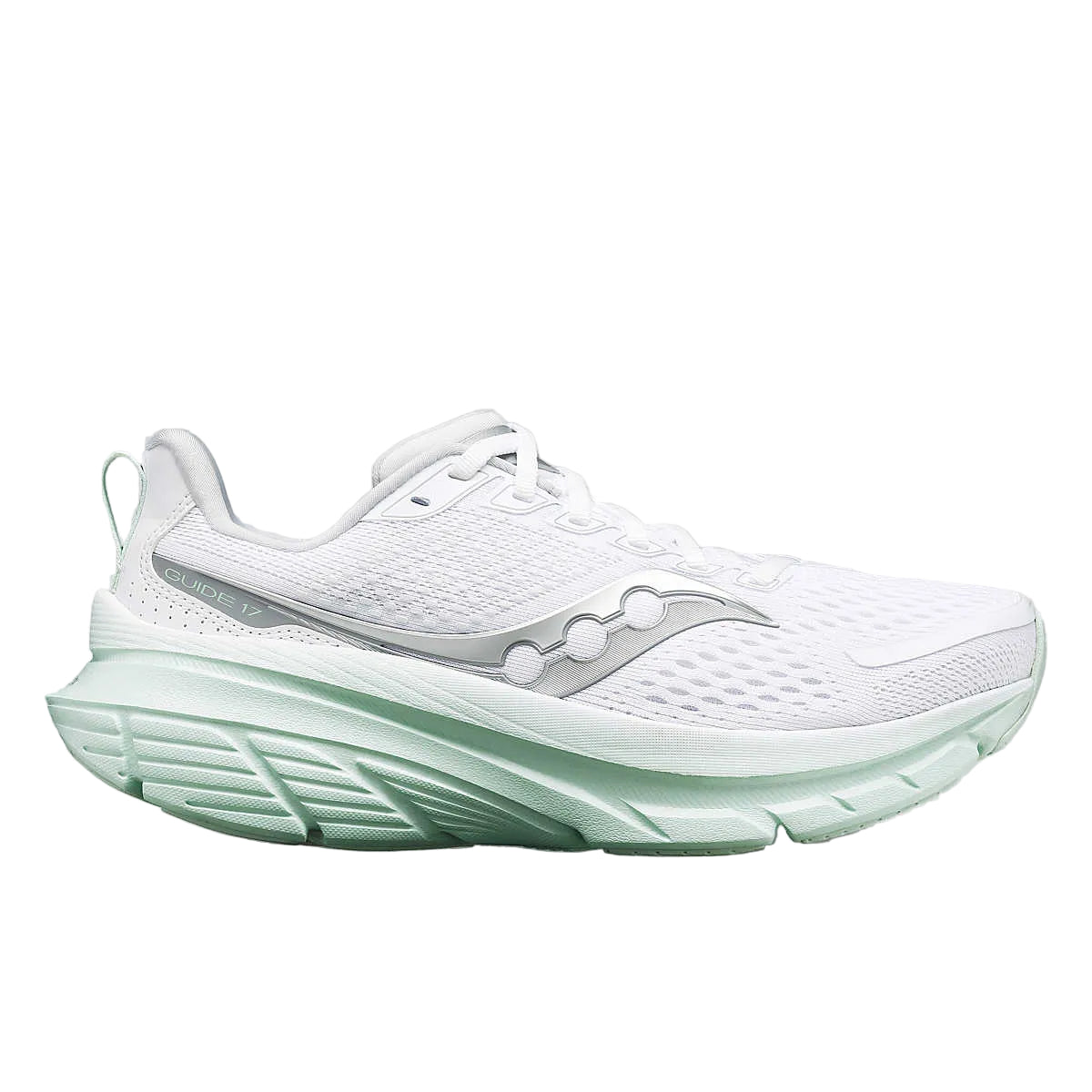 Guide 17 - Women by Saucony in white and mint with PWRRUN cushioning and CenterPath technology for natural, secure running