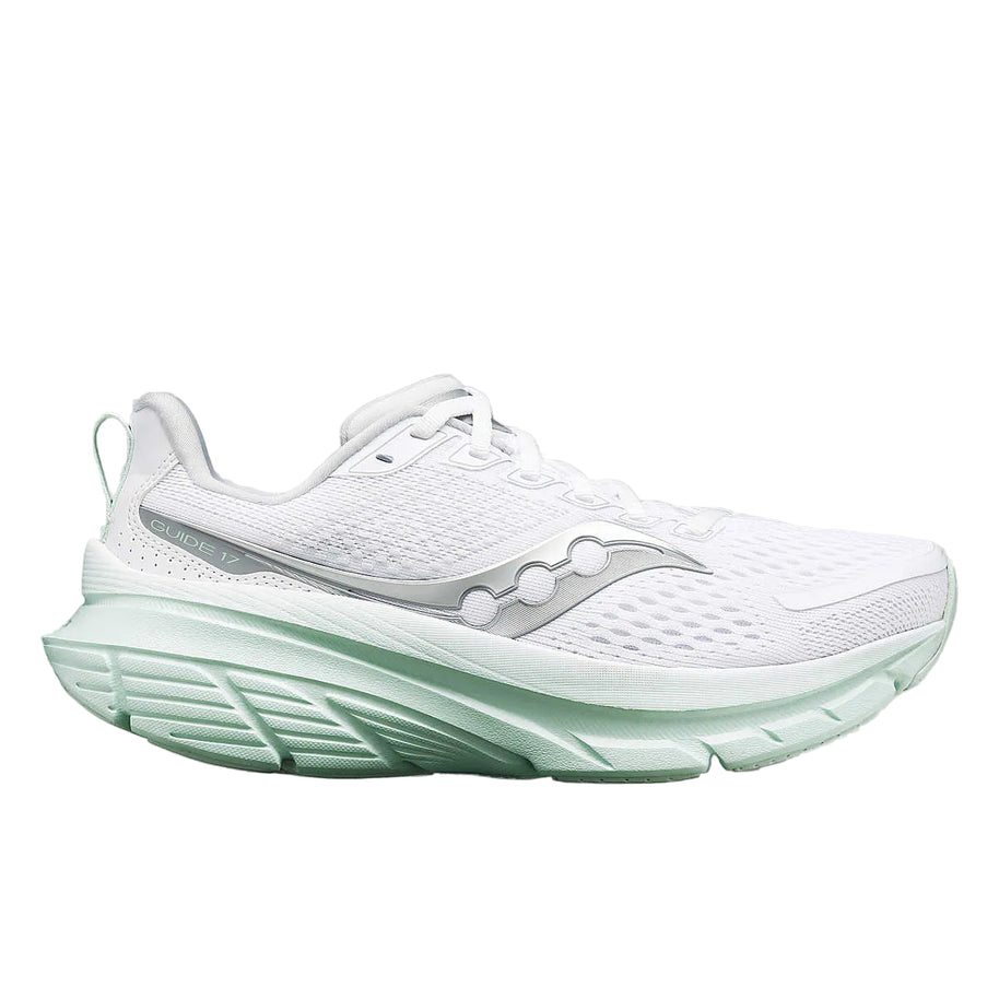 Guide 17 - Women by Saucony in white and mint with PWRRUN cushioning and CenterPath technology for natural, secure running