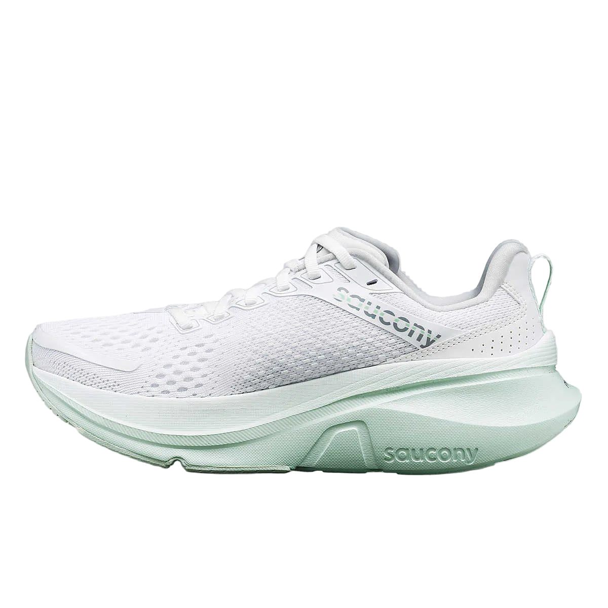 Guide 17 - Women by Saucony in white and mint with PWRRUN cushioning and CenterPath support platform for natural running motion