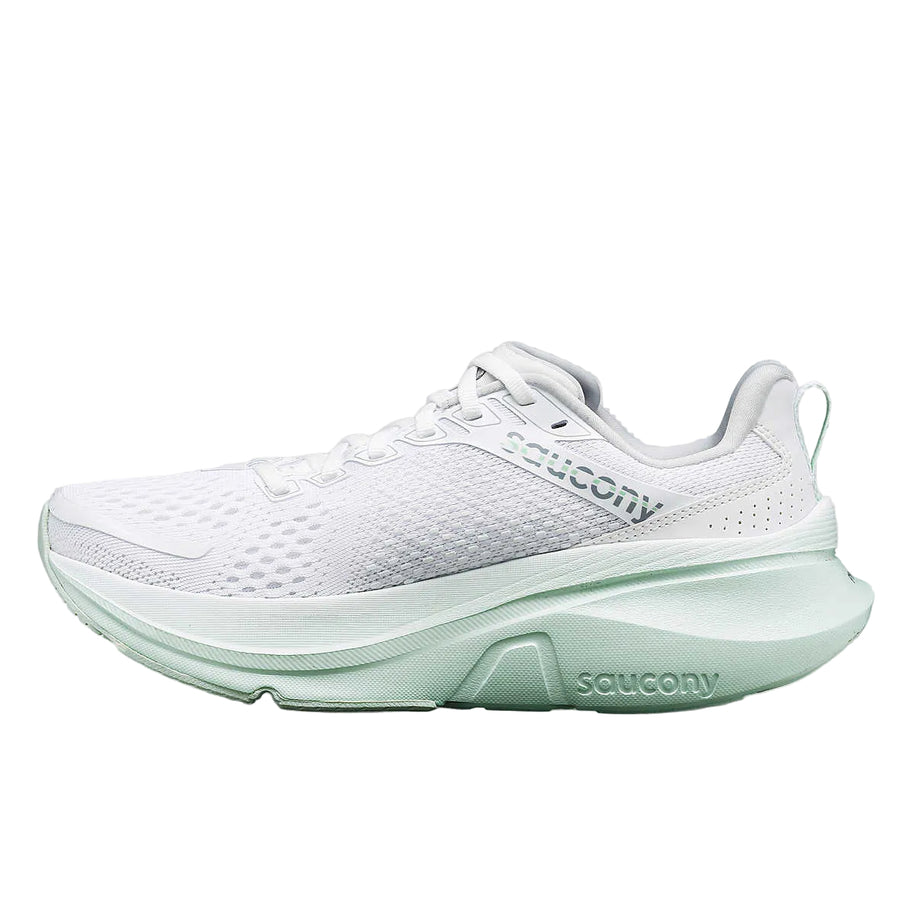 Guide 17 - Women by Saucony in white and mint with PWRRUN cushioning and CenterPath support platform for natural running motion
