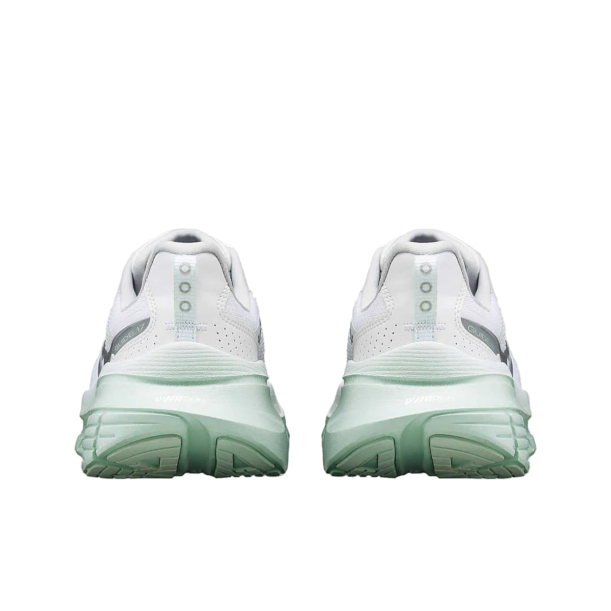 Guide 17 - Women by Saucony in white and light green with PWRRUN cushioning and CenterPath technology for natural road running motion