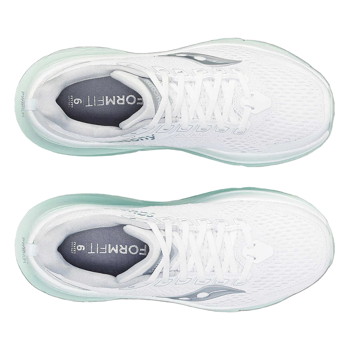 Guide 17 - Women by Saucony in white and light mint with PWRRUN cushioning and CenterPath technology for natural, secure running