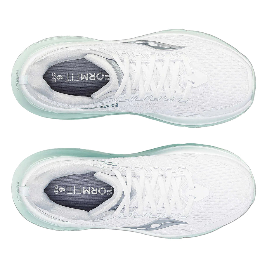 Guide 17 - Women by Saucony in white and light mint with PWRRUN cushioning and CenterPath technology for natural, secure running