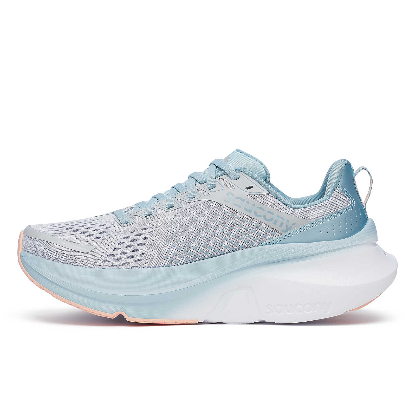 Guide 17 - Women by Saucony in light blue and gray with PWRRUN cushioning and CenterPath support for natural running motion