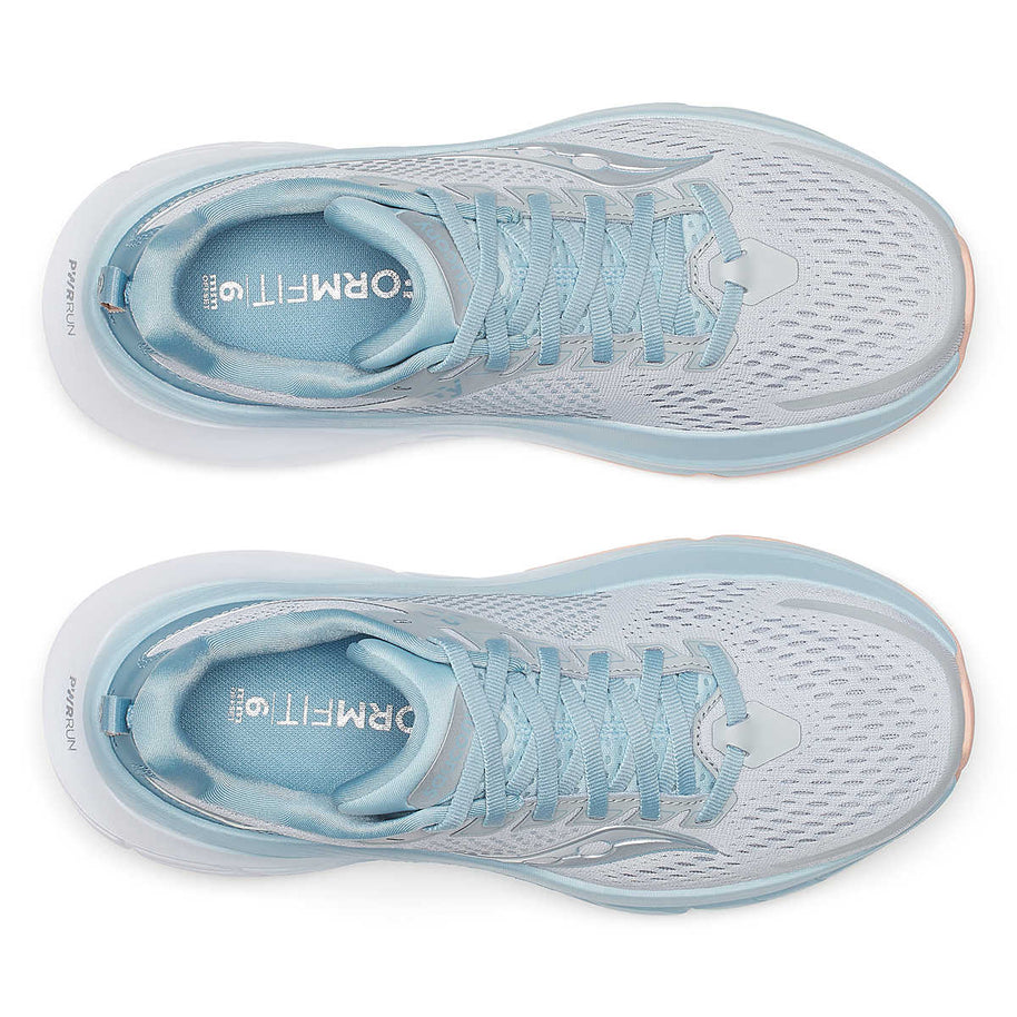 Guide 17 - Women by Saucony in light blue and gray with PWRRUN cushioning and CenterPath support for natural road running movement