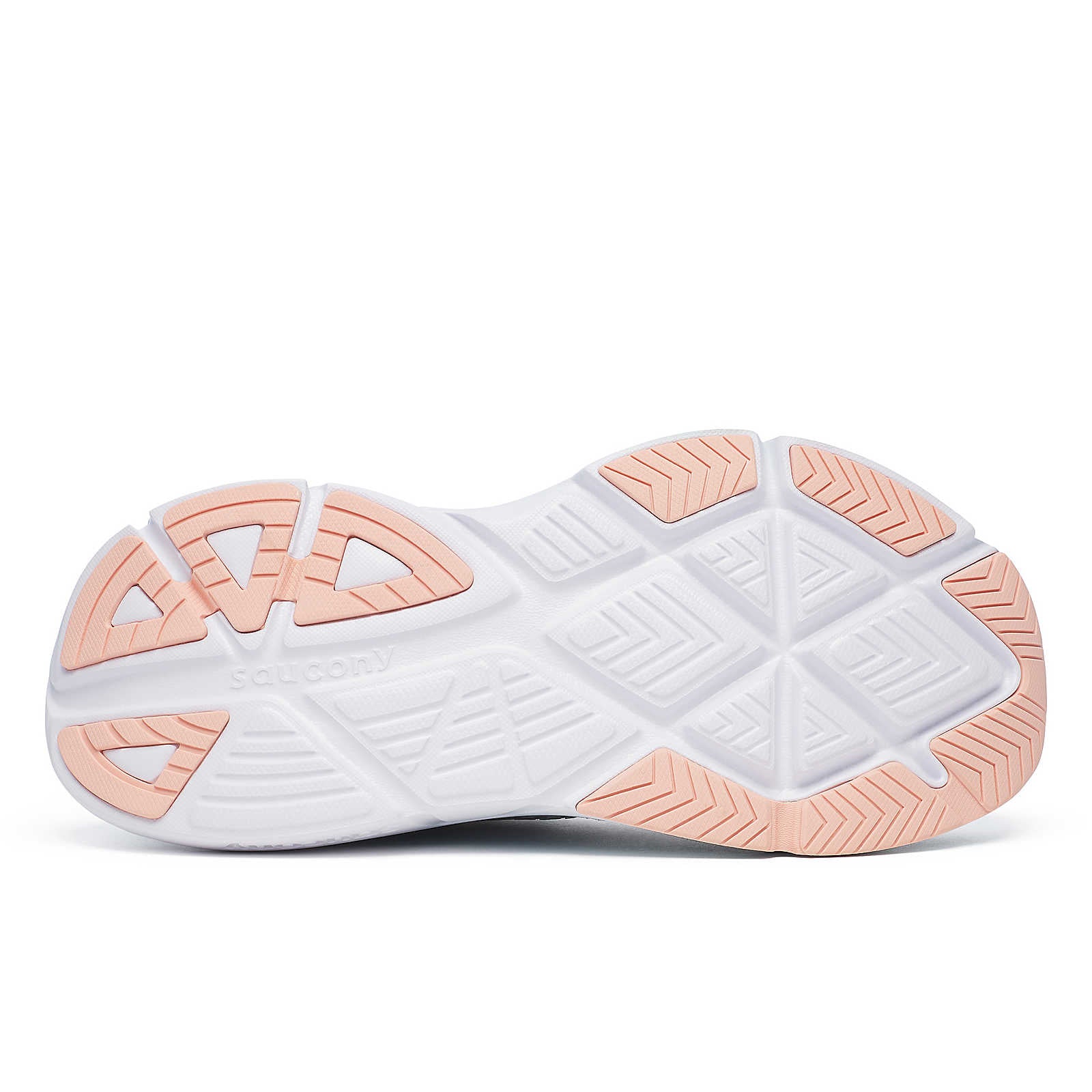 Guide 17 - Women by Saucony in white and peach with PWRRUN cushioning and CenterPath technology for natural running movement