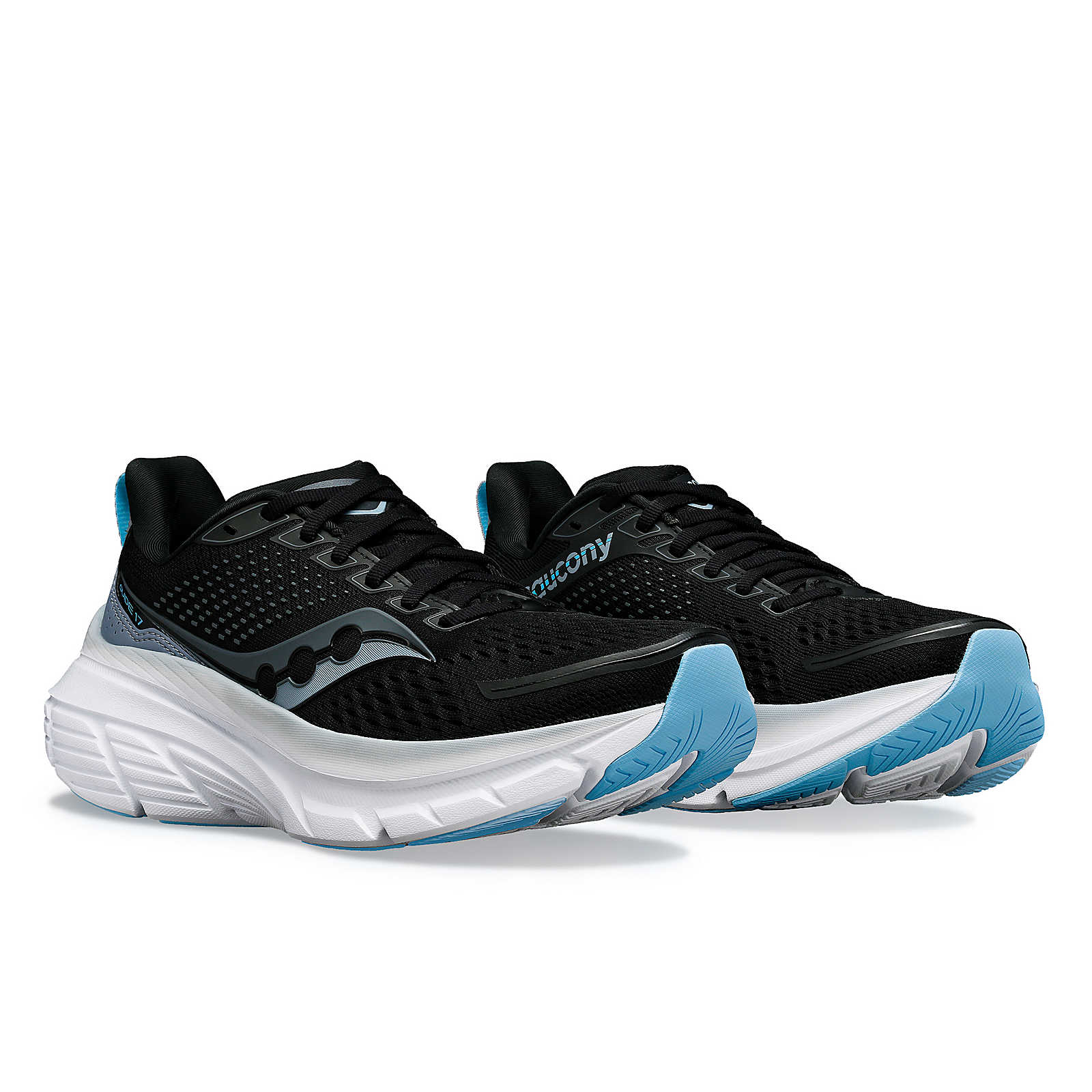 Guide 17 Wide - Women by Saucony in black and blue with PWRRUN cushioning and CenterPath support, designed for road running and comfort