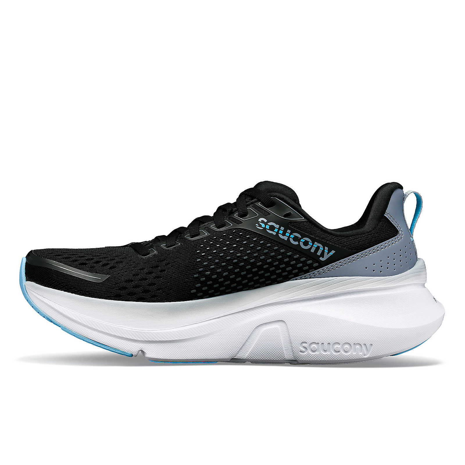 Guide 17 Wide - Women by Saucony in black and grey with enhanced PWRRUN cushioning and CenterPath technology for natural road running