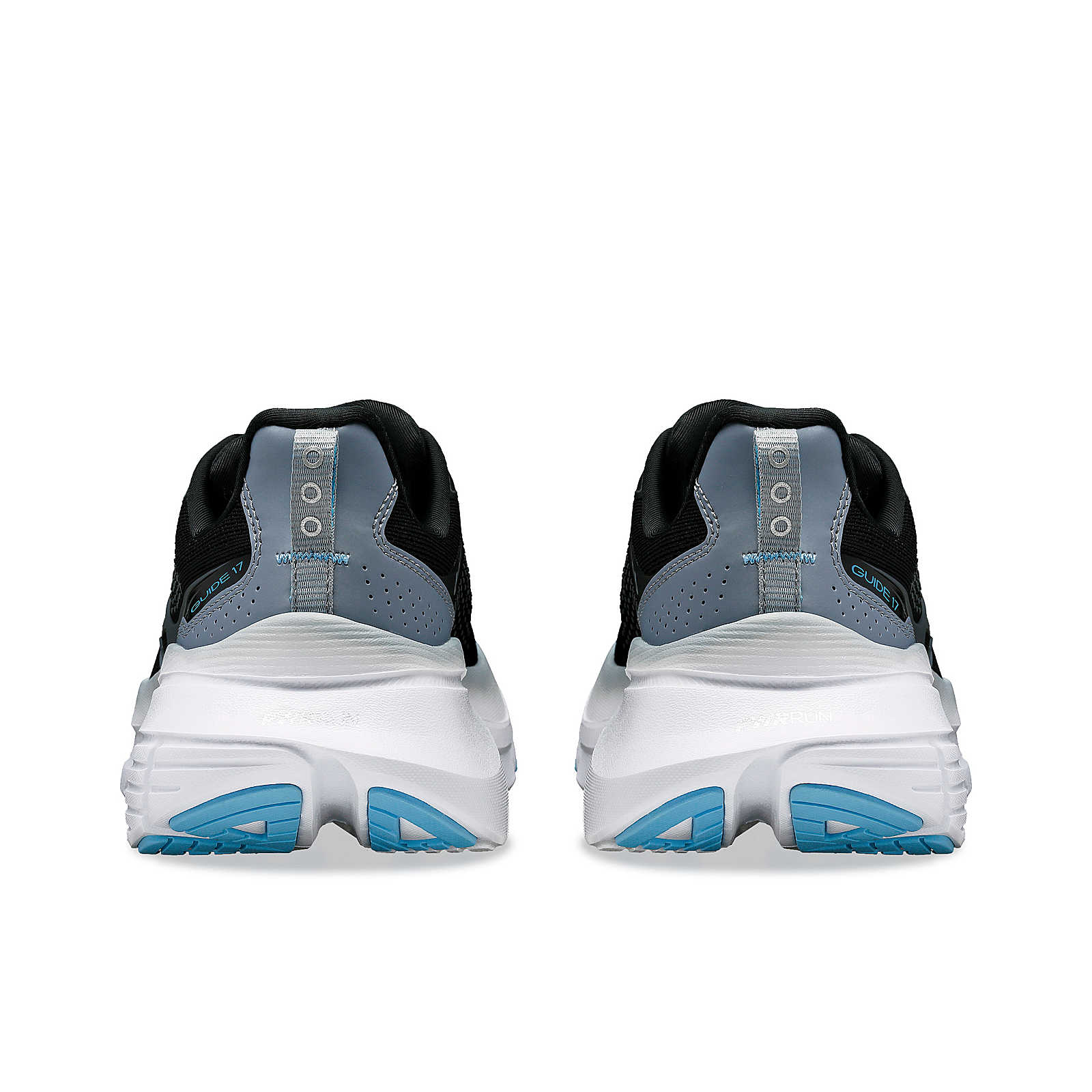 Guide 17 Wide - Women by Saucony in black and grey with blue accents, featuring PWRRUN cushioning and CenterPath support for road running