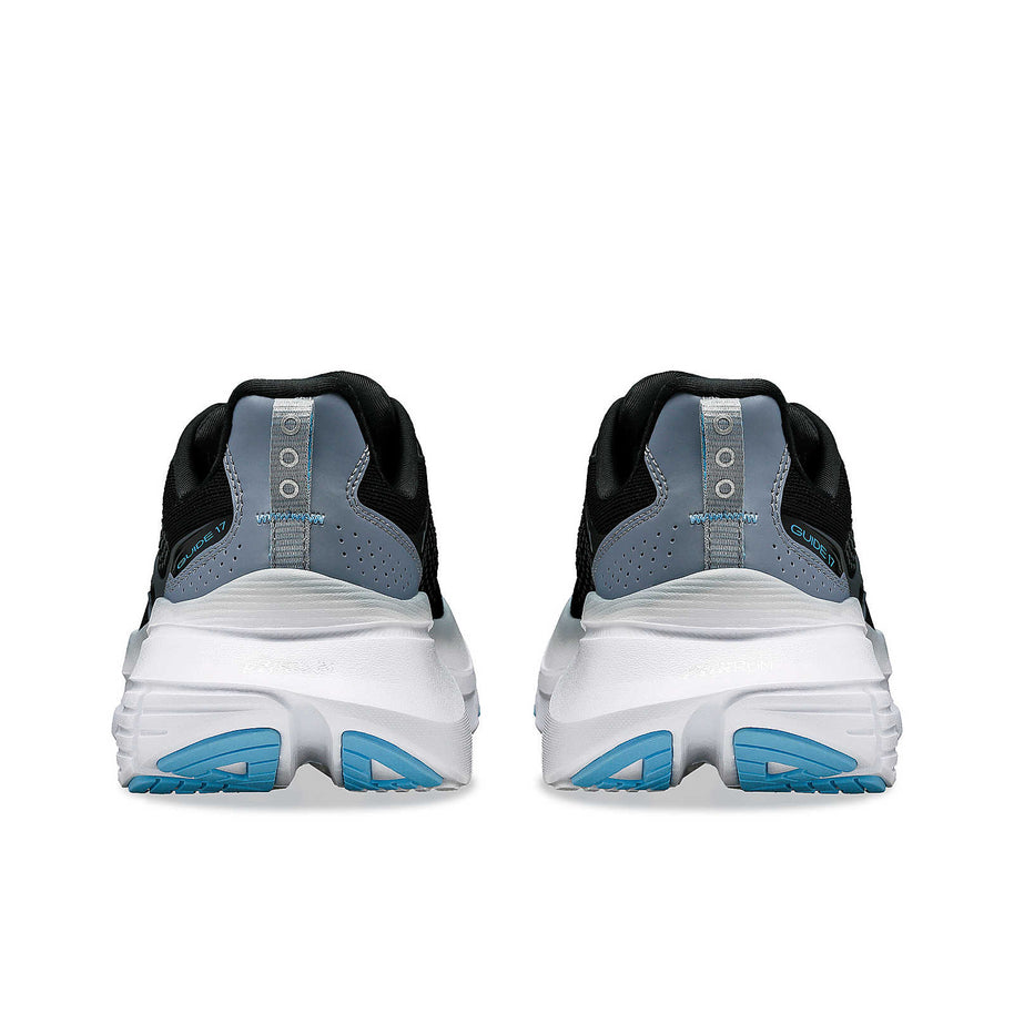 Guide 17 Wide - Women by Saucony in black and grey with blue accents, featuring PWRRUN cushioning and CenterPath support for road running