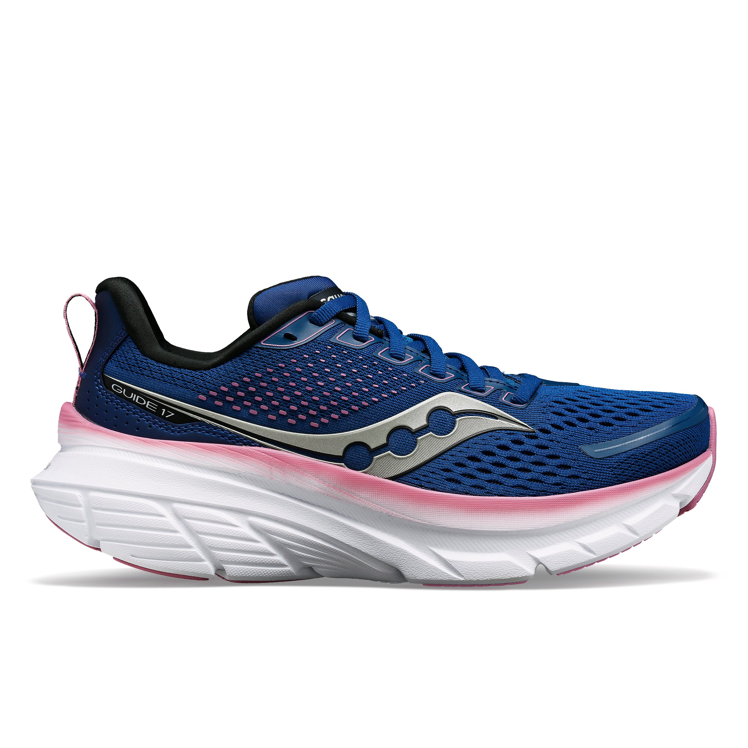 Guide 17 Wide - Women by Saucony in blue and pink with PWRRUN cushioning and CenterPath Technology for natural, secure running