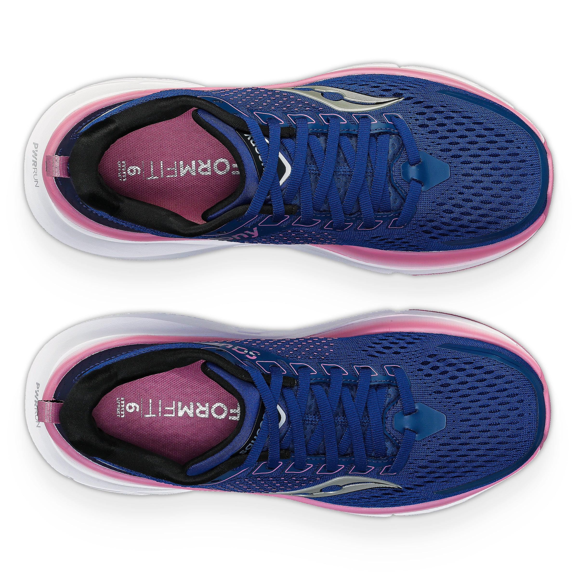 Guide 17 Wide - Women by Saucony in blue and pink with PWRRUN cushioning and CenterPath support for natural running and road use