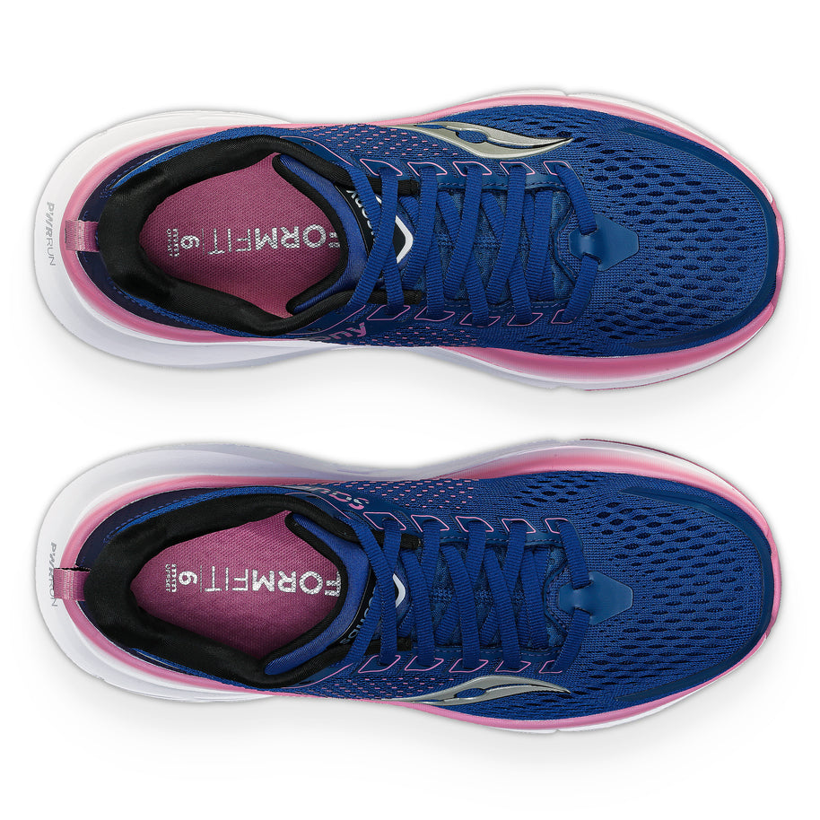 Guide 17 Wide - Women by Saucony in blue and pink with PWRRUN cushioning and CenterPath support for natural running and road use