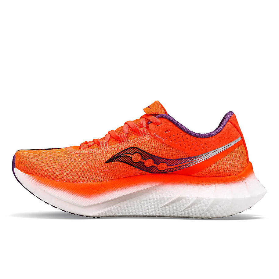 Endorphin PRO 4 - Women by Saucony in bright orange and purple, lightweight responsive road running shoes for long-distance performance