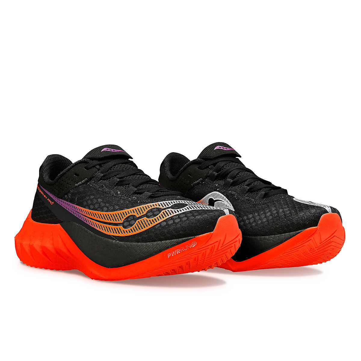 Endorphin PRO 4 - Women by Saucony in black and orange, lightweight responsive road running shoe for long distance performance