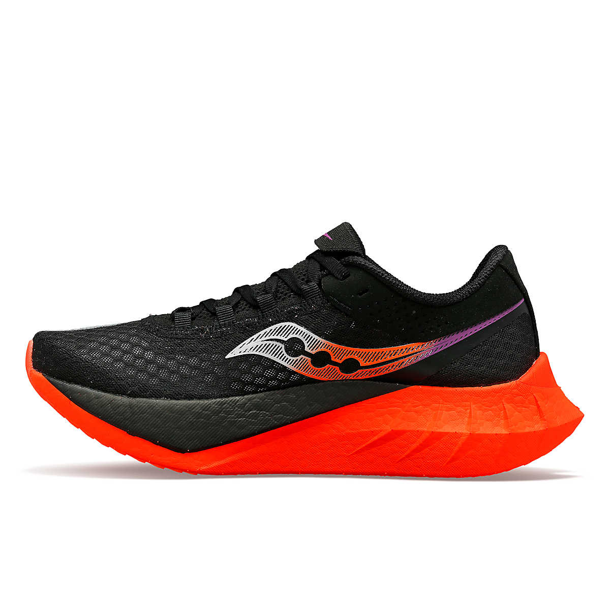 Endorphin PRO 4 - Women by Saucony in black with orange sole, lightweight responsive road running shoe for long-distance performance