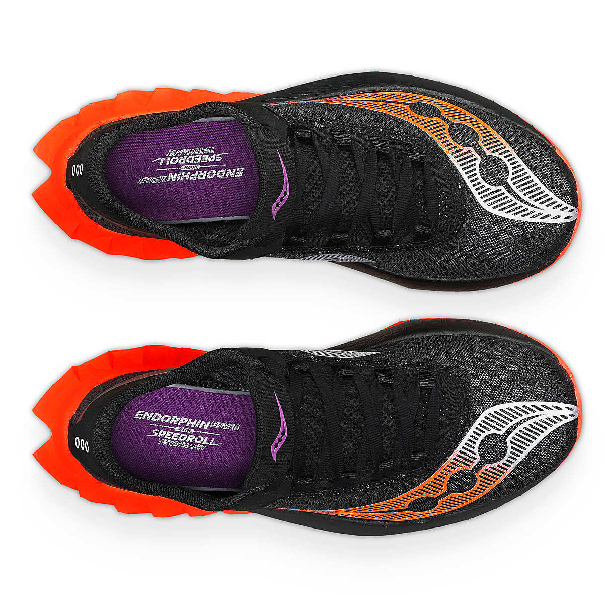 Endorphin PRO 4 - Women by Saucony in black and orange, lightweight responsive road shoe designed for long-distance running and speed.