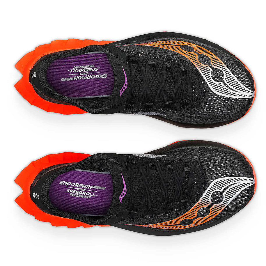 Endorphin PRO 4 - Women by Saucony in black and orange, lightweight responsive road shoe designed for long-distance running and speed.