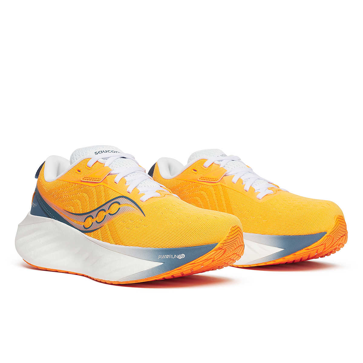 Saucony Triumph 22 - Women running shoes in bright orange with white and blue accents featuring advanced foam for joyful, comfortable running.