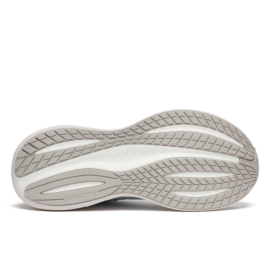 Saucony Triumph 22 - Women running shoe in grey and white, featuring improved foam for joyful, comfortable running strides.