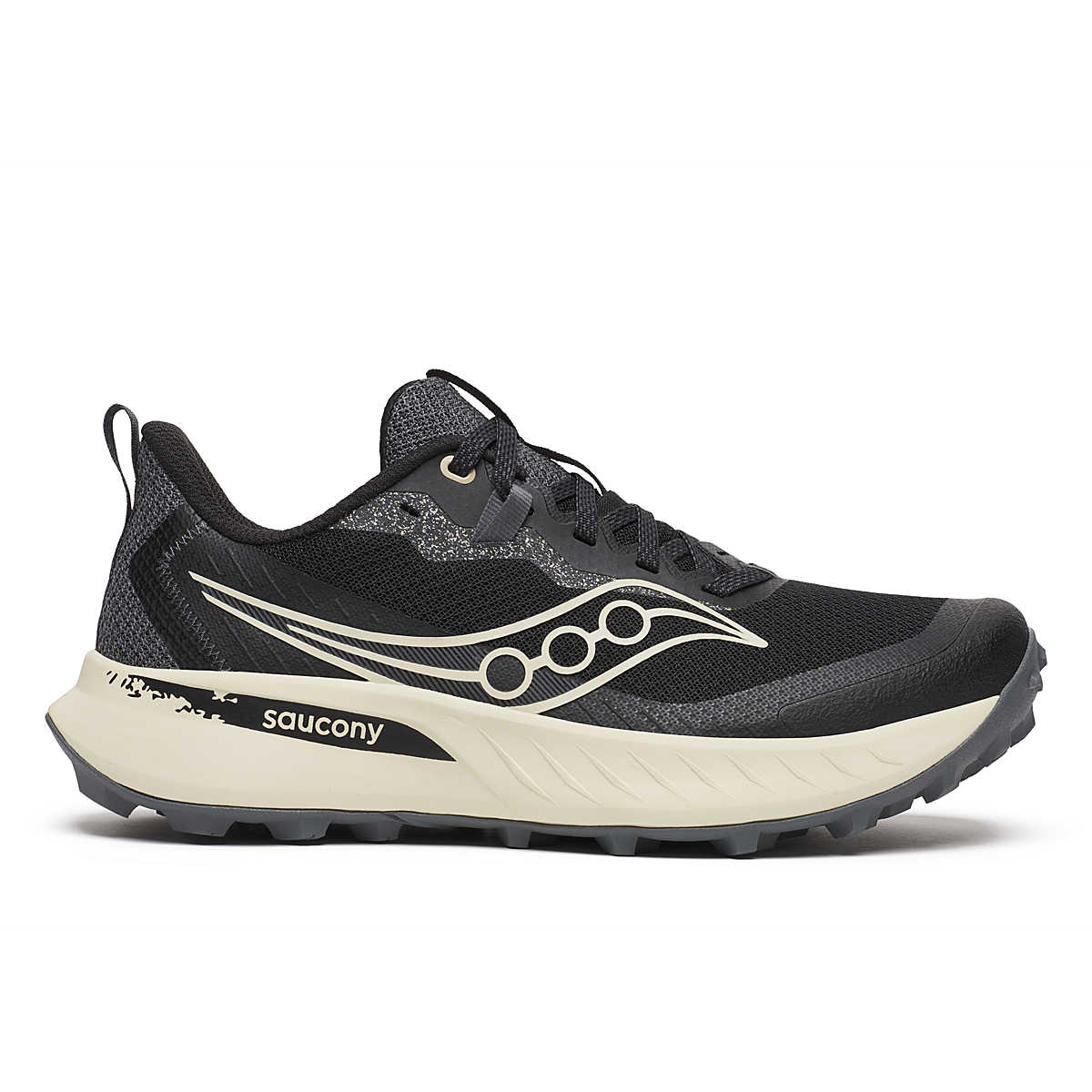 Peregrine 15 Wide - Women by Saucony in black and beige with PWRRUN foam cushion and PWRTRAC outsole for durable trail running and outdoor use