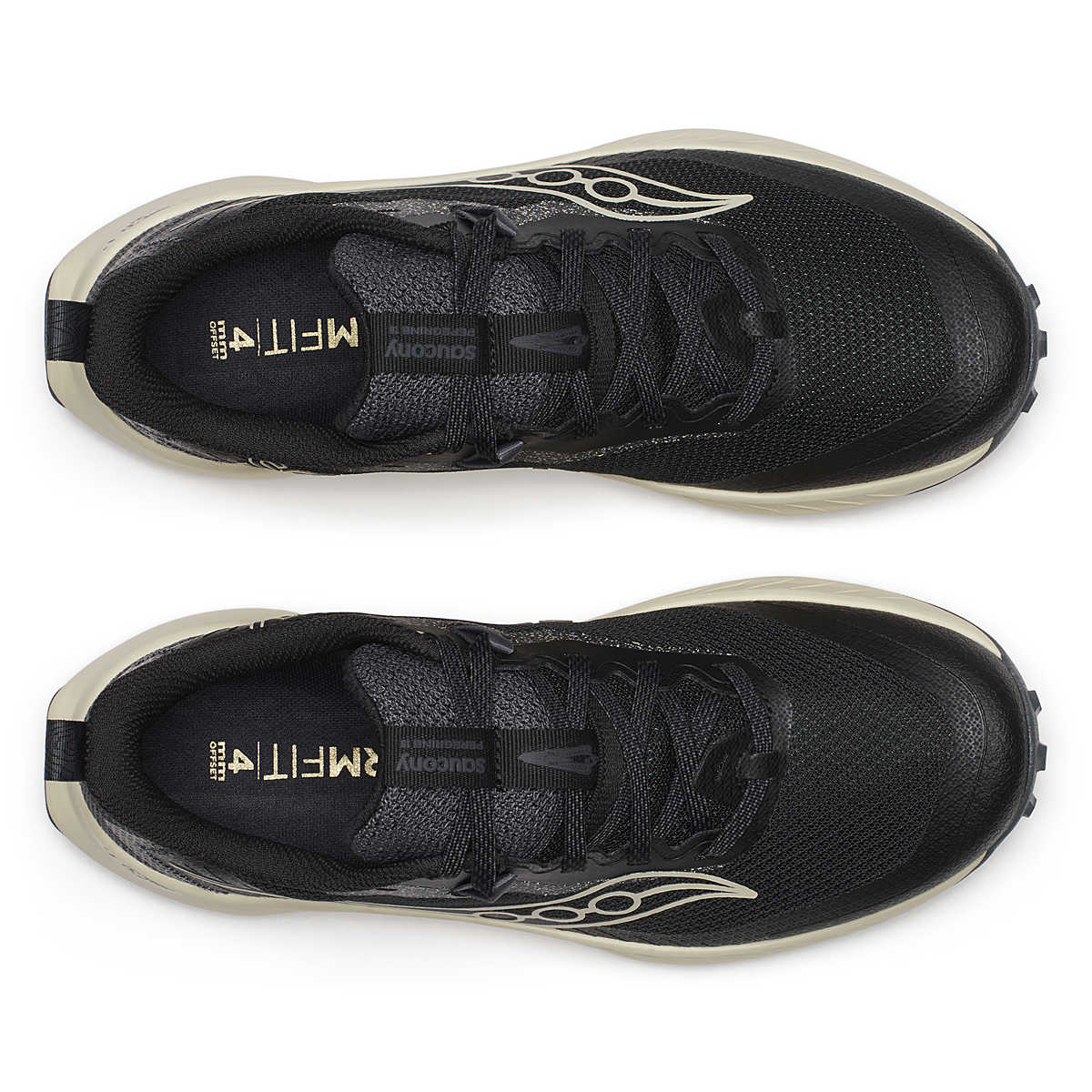 Peregrine 15 - Women by Saucony in black and beige, trail running shoes with reformulated PWRTRAC outsole for durability and grip on rugged terrain