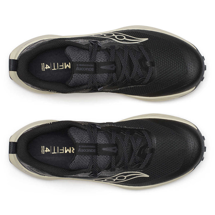Peregrine 15 - Women by Saucony in black and beige, trail running shoes with reformulated PWRTRAC outsole for durability and grip on rugged terrain