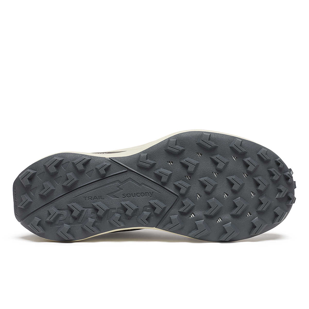 Peregrine 15 Wide - Women by Saucony in beige with black PWRTRAC outsole, cushioned trail running shoe ideal for durability and comfort