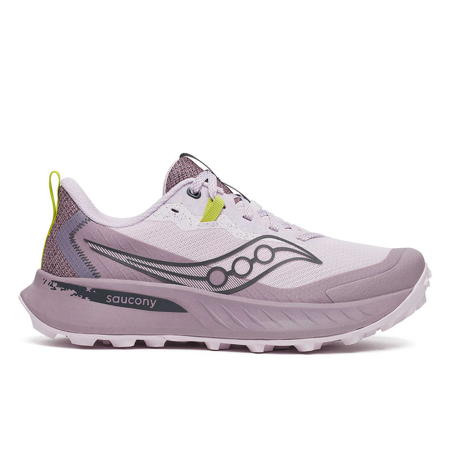 Peregrine 15 - Women by Saucony in lavender and grey, trail running shoe with durable PWRTRAC outsole for rugged terrain grip and protection