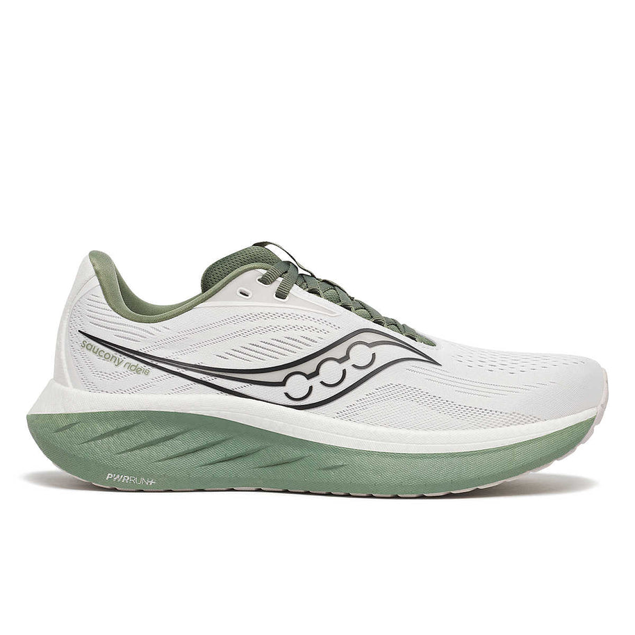 Ride 18 - Men by Saucony in white and green lightweight road running shoe with soft responsive cushioning for versatile daily runs