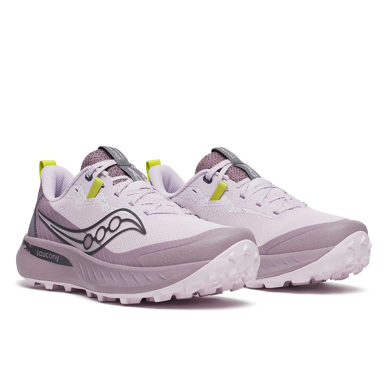 Peregrine 15 - Women by Saucony in light purple with grey and yellow accents, trail shoes with durable PWRTRAC outsole for rugged terrain