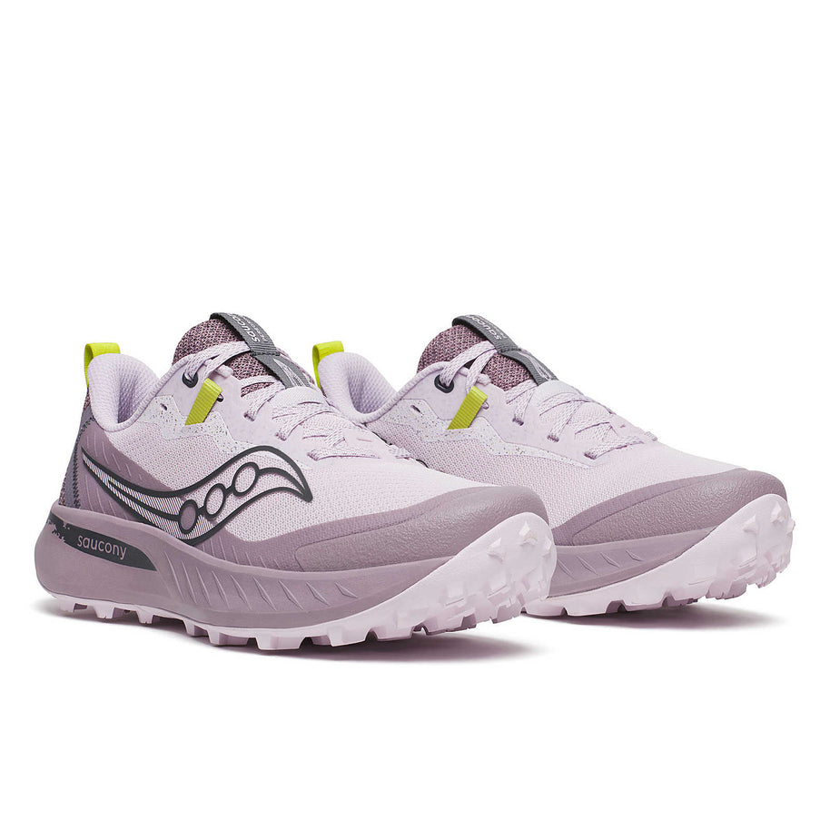 Peregrine 15 - Women by Saucony in light purple with grey and yellow accents, trail shoes with durable PWRTRAC outsole for rugged terrain